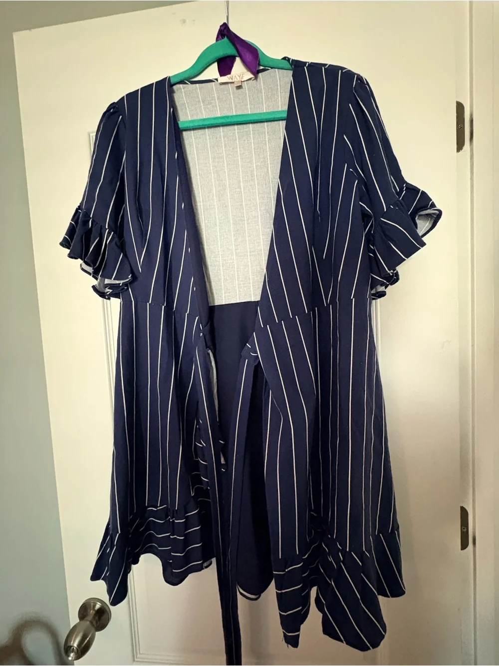 Wayf Navy Blue and White Striped Mini Wrap Dress